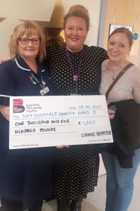 Lianne Dempster (right) with Ward 9 Clinical Leader Heidi Scott (left) and Head of Charities and Fundraising Suzanne Lofthouse